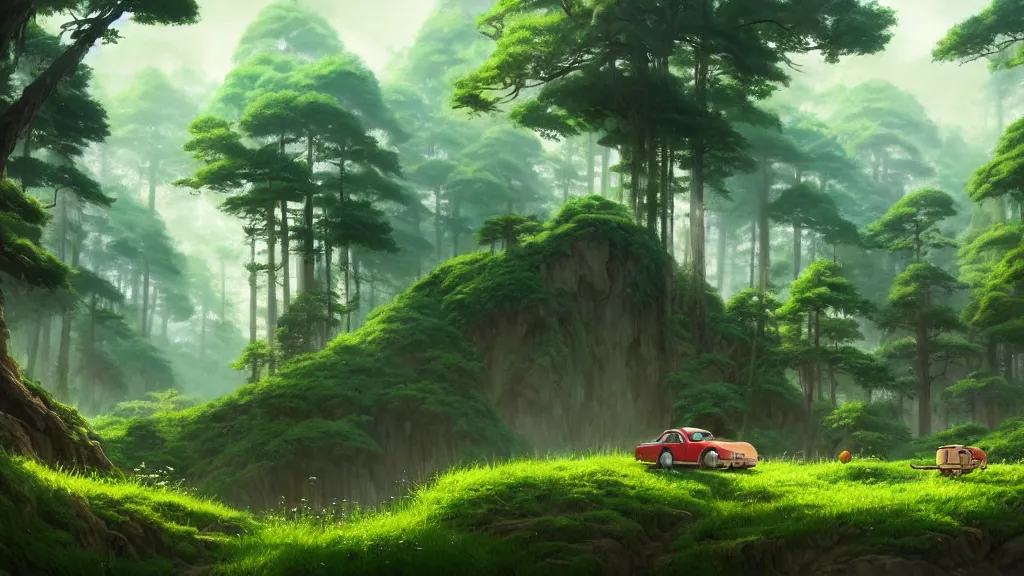 Image similar to forest clearing landscape, studio ghibli, pixar and disney animation, sharp, rendered in unreal engine 5, highly detailed, digital painting, artstation, concept art, smooth, sharp focus, illustration, wide angle, artbook, wallpaper, splash art, promo art, dramatic lighting, art by artgerm and greg rutkowski and bo chen and jin xiaodi