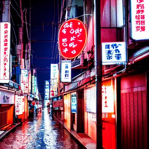 Image similar to rain - soaked alley with messy overhead cables in tokyo at night, lots of neon signs