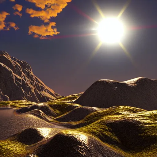 Image similar to small solar eclipse above mountains, highly detailed, photorealistic shot, bright studio setting, studio lighting, crisp quality and light reflections, unreal engine 5 quality render