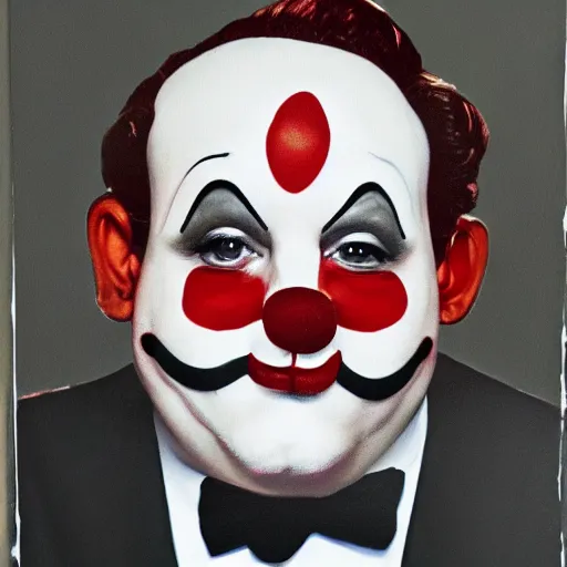 Prompt: capitalist clown advertisement portrait