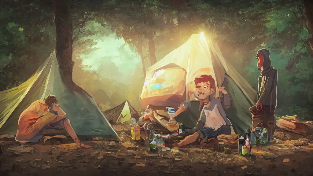 Image similar to an illustration of a drunk teenage kid on a camping, covered in vomit, parents standing outside angry, fisheye lens, high contrast, highly detailed, sharp focus, digital painting, 3 d art, illustration, trending on artstation,