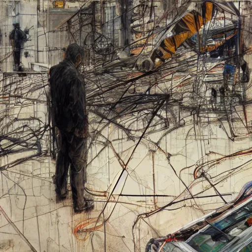 Prompt: a lone lost man in a dark cyberpunk future, by kent williams, lucian freud and jenny saville, wires machines, city