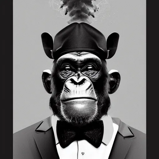 Image similar to a high detail photo of an antropomorphic chimp wearing a suit smoking a cigarrette, subject= chimp, subject detail: wearing a suit, subject action: smoking a cigar, photorealism, dramatic lighting, award winning photograph, trending on artstation