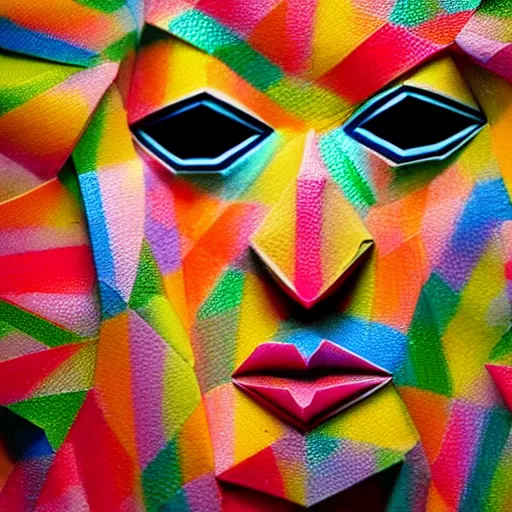 Prompt: human face in origami!!, ( colorful ) macro photo 5 dmk 2, bokeh