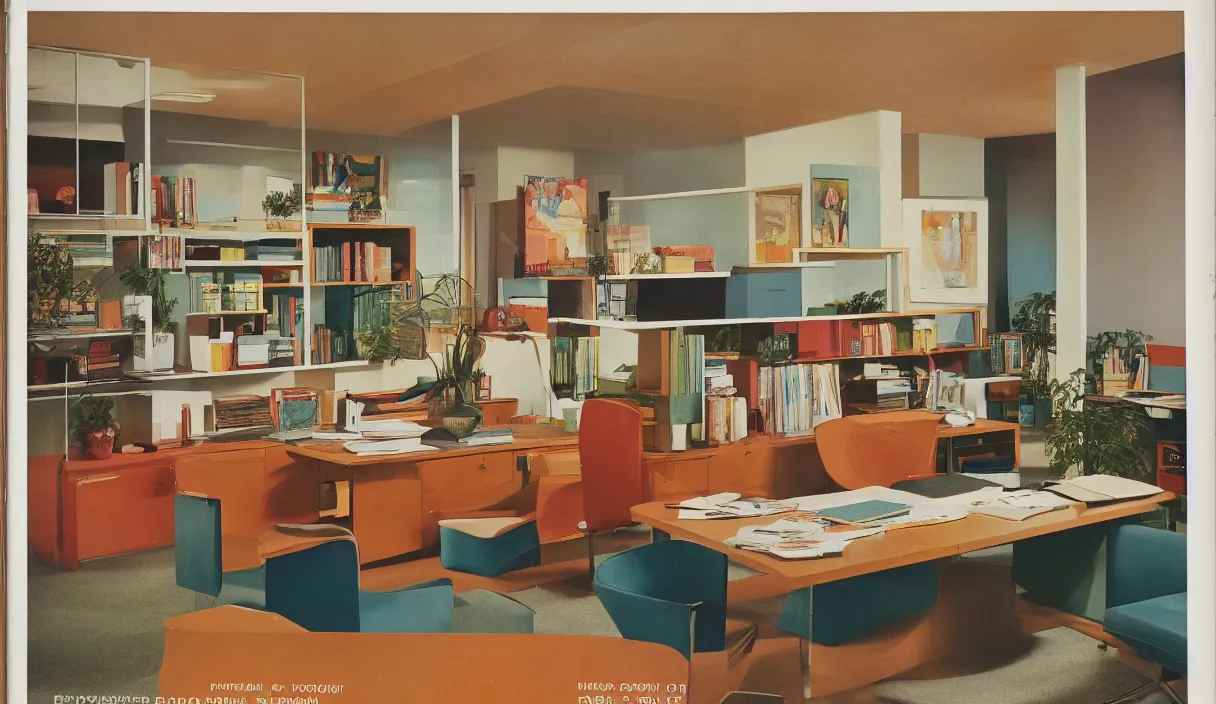 Prompt: a 7 0 s prisunic catalog with the indoor office of severance series ( 2 0 2 2 ), in color