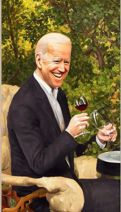 Prompt: still life painting of Joe Biden drinking wine in a garden by Peder Krøyer, golden hour, dramatic lighting, intricate detail, canvas print