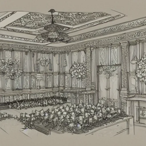 Image similar to annotated highly, detailed and intricate, sketch of a lodge room full of spring plants, marker concept art style rendering, concept art, half blueprint, trending on artstation, intricate details, center frame, annotations