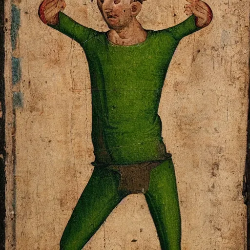 Image similar to skinny man with ugly deformed face wearing bright green cap and bodysuit, medieval painting