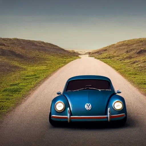 Image similar to promotion movie still of a ( volkswagen beatle ) racing down a dusty back road. cinematic, 4 k, imax, 7 0 mm