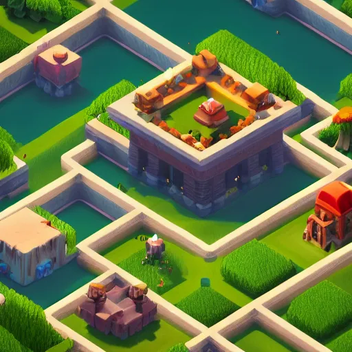 Prompt: game level design for clash of clans, isometric :: painting overlay by beeple by Raffaello Sanzi and Chao Teng Zhao :: centered,pixar and dreamwork, ghibli, artstation, smooth, sharp focus, octane render