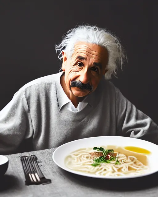 Image similar to a portrait of albert einstein sitting at the dining table with a plate containing tonkotsu ramen in front of him, highly detailed, trending on artstation, bokeh, 9 0 mm, f / 1. 4