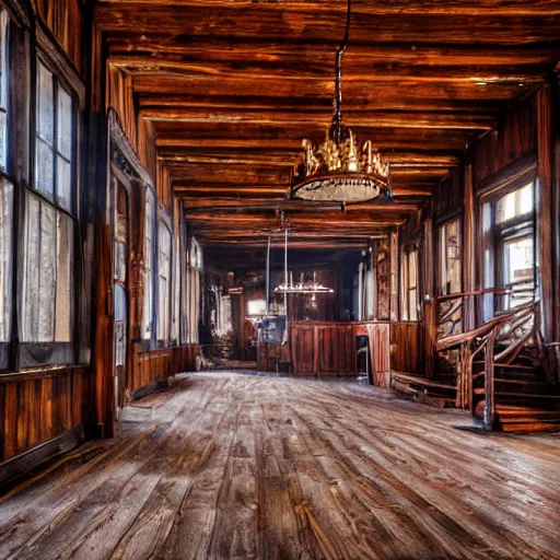 Prompt: Empty Old West Saloon at the break of day, dust particles in the air, god beams coming through the windows, hyper realistic, HD, DLSR Camera, Rococo style, Grand Piano, Staircase