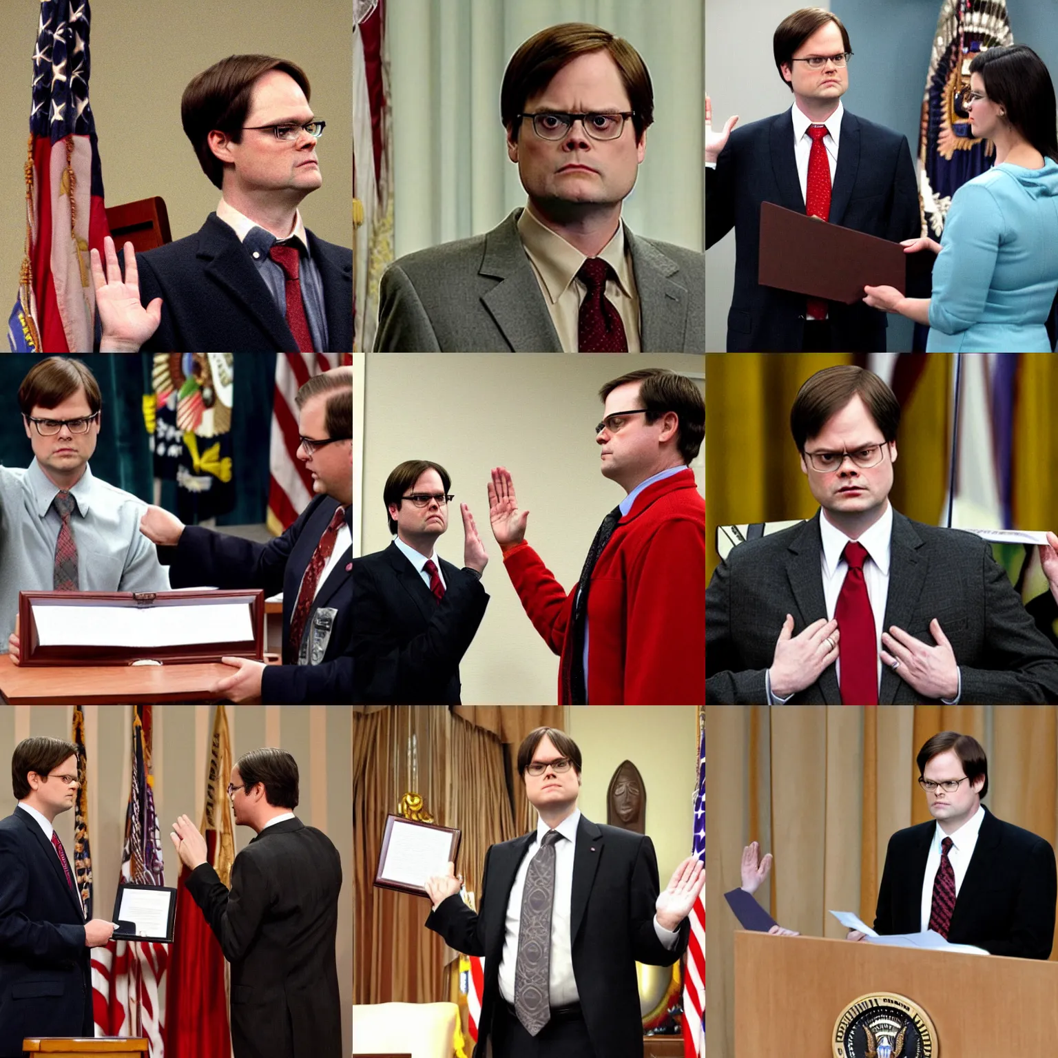 Prompt: dwight schrute being sworn in as president