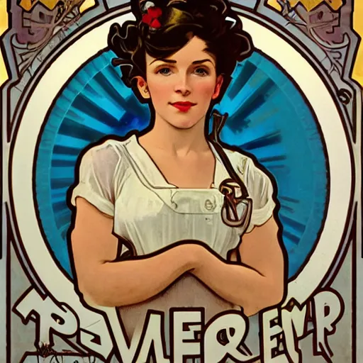 Image similar to a portrait of Rosie the riveter by Alphonse Mucha, art nouveau card, concept art, wlop, trending on artstation, 8k