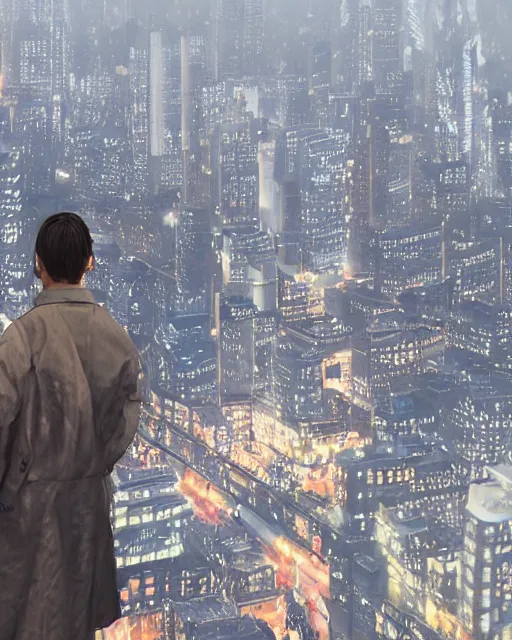 Prompt: a night rooftop scene, light from traffic in the city below, close up shot of a gangster wearing a streetwear trench coat looking at the city below, unreal engine, hyper realism, realistic shading, cinematic composition, realistic render, octane render, detailed textures, in the style of Liam Wong and Makoto Shinkai