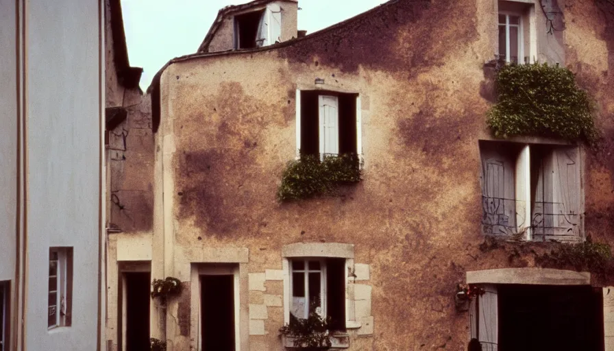 Image similar to 1 9 7 0 s movie still of a burning french style townhouse in a small french village, cinestill 8 0 0 t 3 5 mm, high quality, heavy grain, high detail, texture, dramatic light, ultra wide lens, panoramic anamorphic, hyperrealistic
