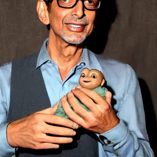 Image similar to jeff goldblum holding a miniature man in the palms of his hands