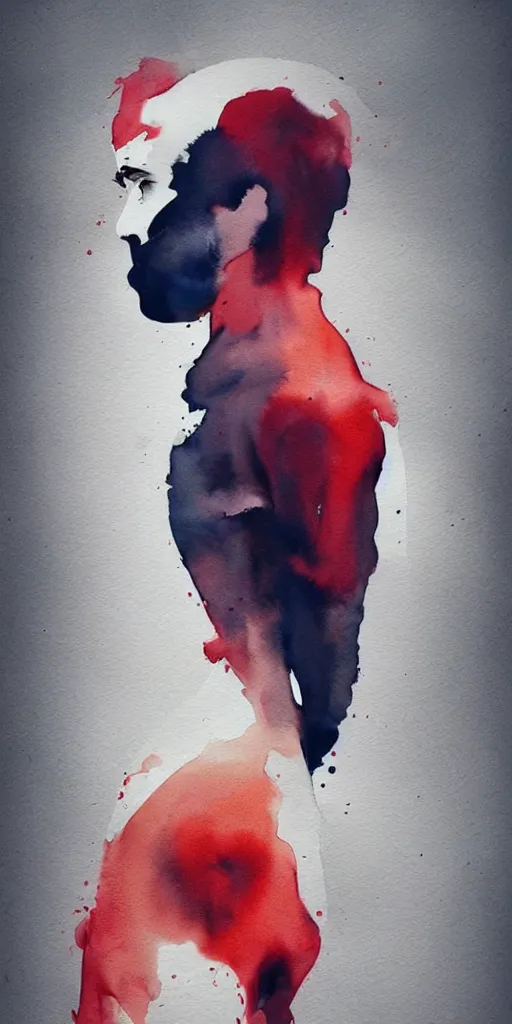 Image similar to body of one!!! athletic man posing dramatically with no face, dark background, by conrad roset, watercolor trending on artstation