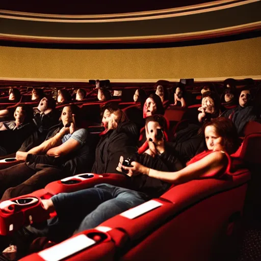 Image similar to people in a very dark full dark movie theatre playing on their cellphones