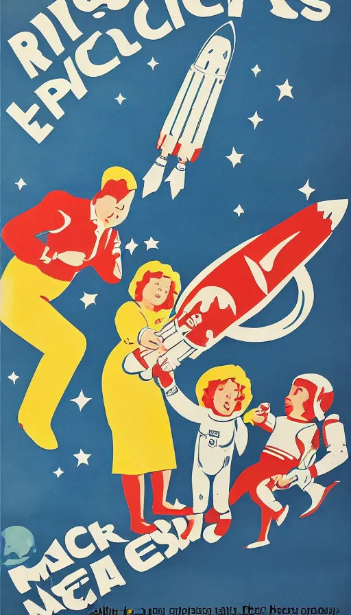 Prompt: retro propaganda poster for space exploration, rocket launching, small humans watching