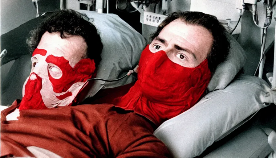 Prompt: 70s movie still of a man with red mask in hospital with a deep spiral in the mouth, eastmancolor, heavy grain, high quality, higly detailed, liminal space