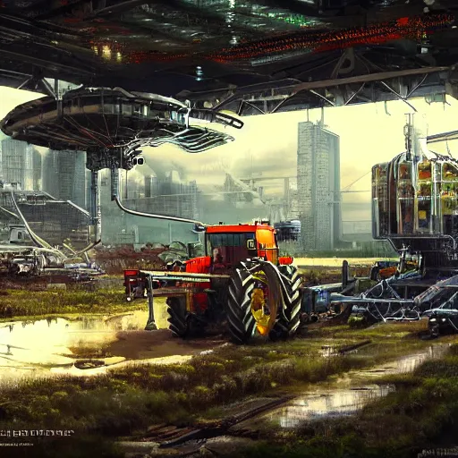 Image similar to agricultural machinery as a world leader, cyberpunk, machine revolution, matte painting, trending on artstation