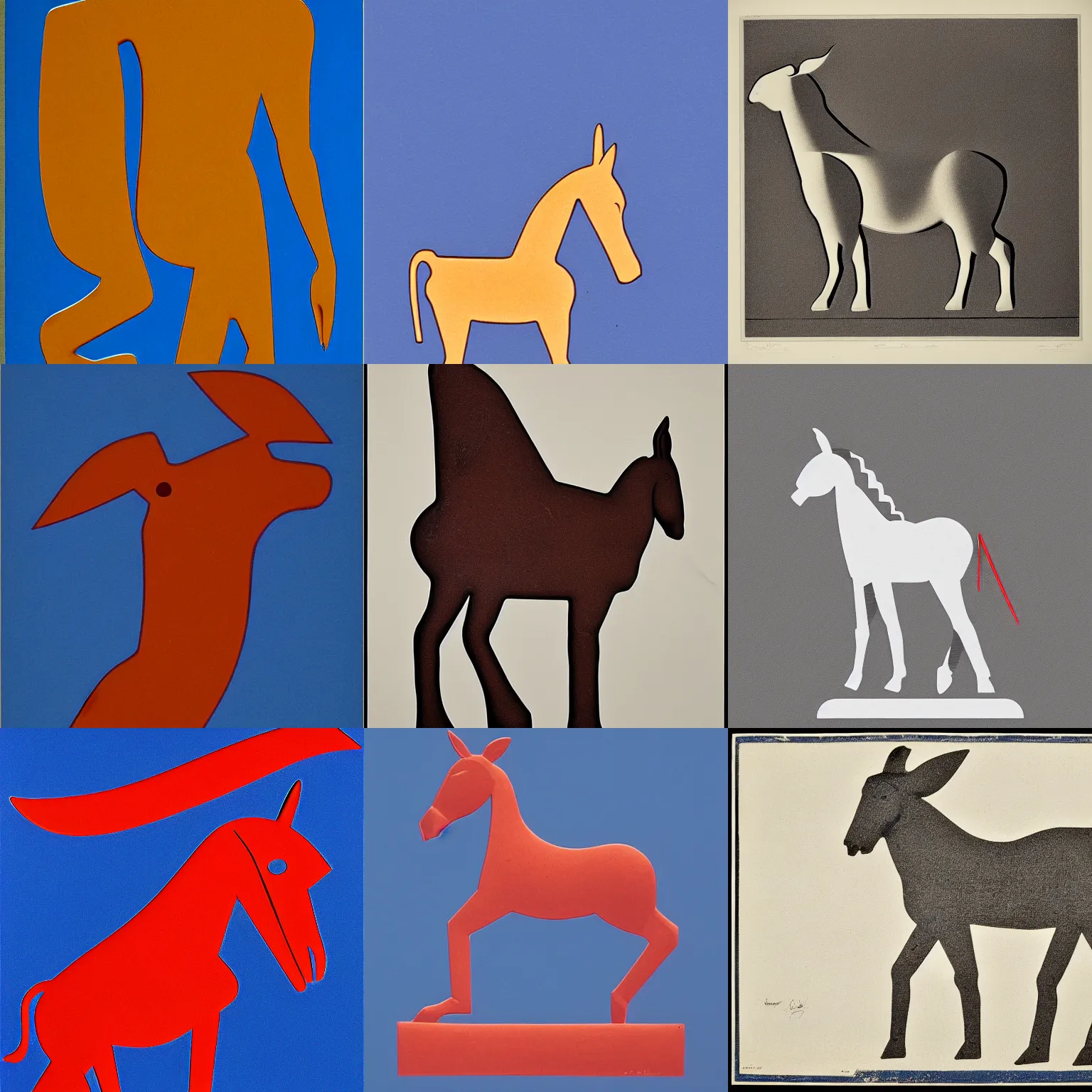 Prompt: lithograph of cycladic sculpture portraying a donkey!!!!!, duotone, simplified, silhouette, solid colors, iconic, side view, full body, ultramarine blue and red iron oxide