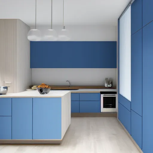 Prompt: interior of a modern minimal kitchen, blue color scheme, photorealist, 4 k