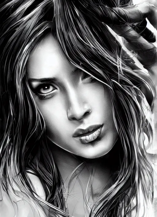 Image similar to up close portrait of a beautiful woman in black and white, art by diego fazio and diegoKoi, concept art, sharp focus, artgerm, 8k highly detailed