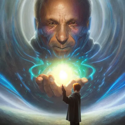 Image similar to the creator of worlds wearing a cloak and holding a holographic planet projection in his hand, detailed, sci - fi, digital painting, artstation, sharp focus, illustration, ominous, artgerm, tomasz alen kopera, peter mohrbacher, donato giancola, joseph christian leyendecker, wlop, frank frazetta