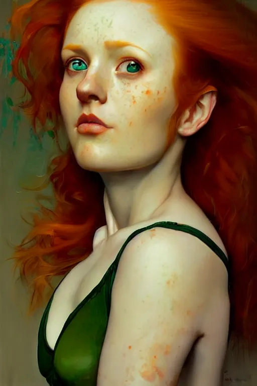Prompt: hyper realistic painting portrait of a redhead girl looking down, with beautiful green eyes, hyper detailed face by stjepan sejic, by norman rockwell, by michael hussar, by roberto ferri, by ruan jia, textured turquoise background
