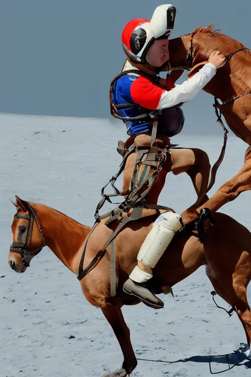 Image similar to horse wrestles astronaut on all fours on hands and knees in grappling in closed guard on mount position