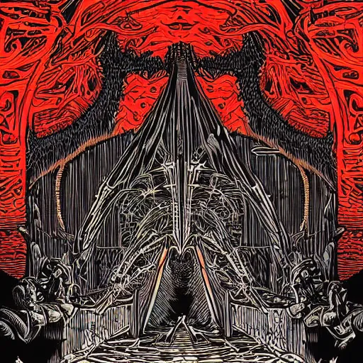 Image similar to woodcut of demonic portal to hell by Dan Mumford and Josan Gonzalez. Stargate. Very detailed intricate linework
