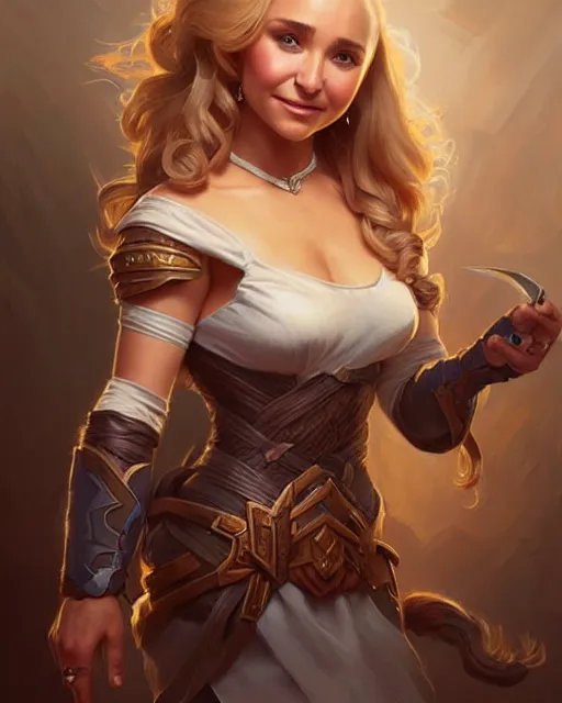 Image similar to Hayden Panettiere, D&D, fantasy, intricate, elegant, highly detailed, digital painting, artstation, concept art, matte, sharp focus, illustration, hearthstone, art by Artgerm and Greg Rutkowski and Alphonse Mucha