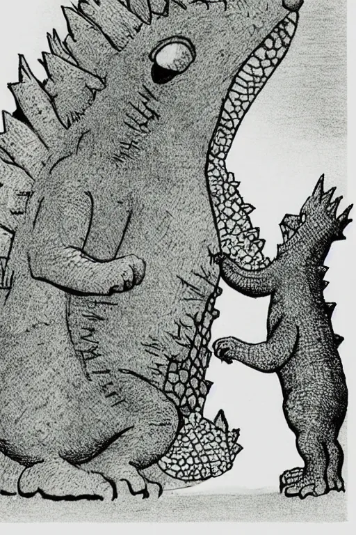 Prompt: godzilla wearing a crown, by maurice sendak