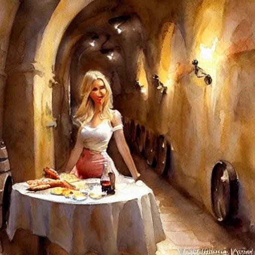 Image similar to beautiful blonde in hot dress in a wine cellar, food, pork, beer, schnapps, rustic, traditional, torches on the wall, watercolor by vladimir volegov, highly detailed, masterpiece, distance