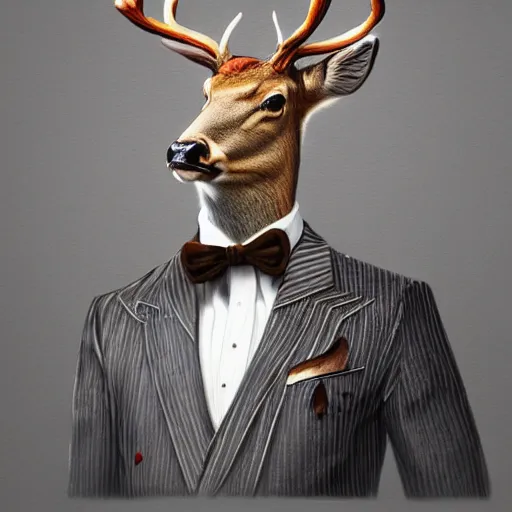 Image similar to a upper body portrait of a deer in a pinstriped suit and pants wearing a fedora with the antlers sticking out of the fedora by artgerm and wlop, intricate detail, digital art, photorealistic, trending on artstation