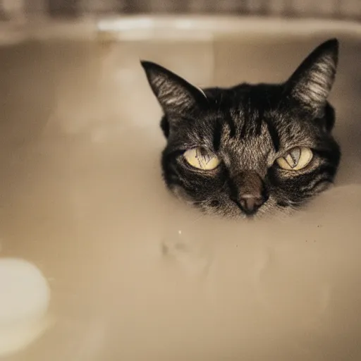 Image similar to photographic portrait by Annie Leibovitz of a cat in a hot tub, closeup, foggy, sepia, moody, dream-like, sigma 85mm f/1.4, 15mm, 35mm, 4k, high resolution, 4k, 8k, hd, full color