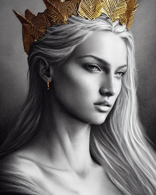 Image similar to tattoo design sketch of hot blonde super model as aphrodite greek goddess wearing a gold laurel wreath and triangle earrings, beautiful piercing gaze with sharp pupils, in the style of greg rutkowski, fantasy, amazing detail, epic, elegant, smooth, sharp focus, front view