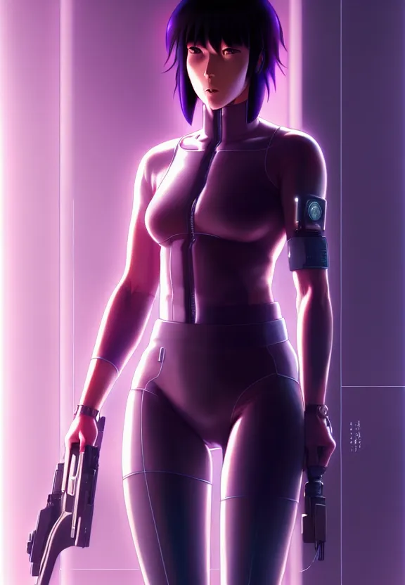 Image similar to a fullbody portrait of motoko kusanagi the major ghost in the shell : : connected to cables, under repairs, maintenance area, technicians : : by ilya kuvshinov, rossdraws, artgerm, sola digital arts, anti aliasing, raytracing : :