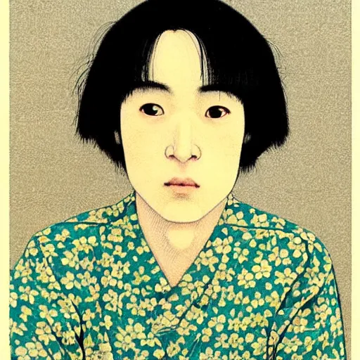 Image similar to “ pablo pascal portrait by ikenaga yasunari and ayana otake and ko rakusui, 6 0 s poster, drawing, realistic, sharp focus, japanese, dreamy, nostalgia, faded, golden hues, floral clothes ”