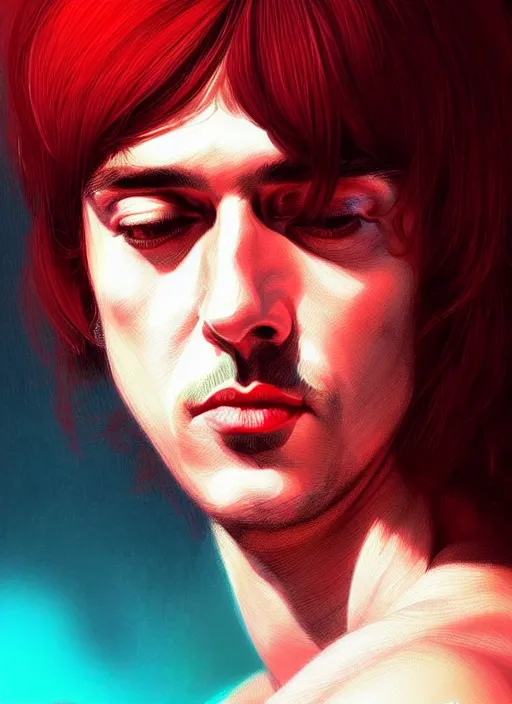 Prompt: portrait of chico buarque with bangs, 1 9 6 0 s, long hair, red clothes, bangs, intricate, elegant, glowing lights, highly detailed, digital painting, artstation, concept art, smooth, sharp focus, illustration, art by wlop, mars ravelo and greg rutkowski