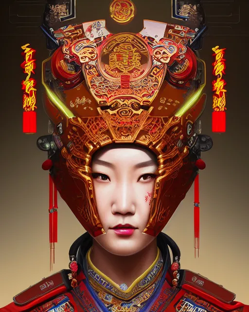 Image similar to portrait of a chinese cyberpunk machine, machine face, upper half portrait, decorated with chinese opera motifs, regal, asian, fine china, wuxia, traditional chinese art intricate intense elegant 京 剧 highly detailed digital painting artstation concept art smooth sharp focus illustration, art by artgerm and greg rutkowski alphonse mucha 8 k