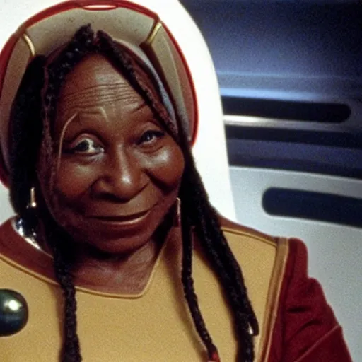 Prompt: guinan from star trek wearing random kitchen tools on her head on the starship enterprise, played by a young whoopi goldberg