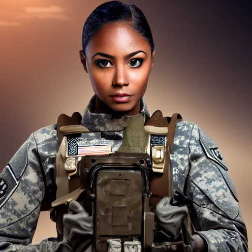 Image similar to a futuristic female soldier with brown skin and short hair in a spaceship