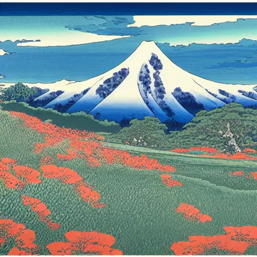 Image similar to a hokusai painting masterpiece exposed in Paris : a poppy field with a icy moutain in the background and a blue sky This 4K HD image is Trending on Artstation, featured on Behance, well-rendered, extra crisp