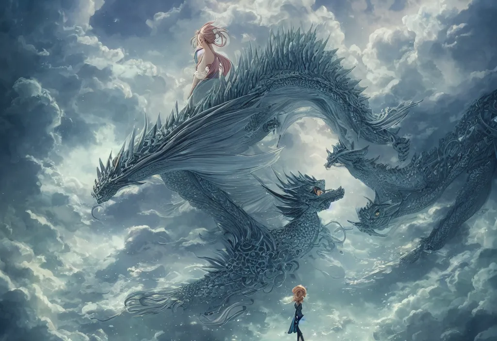 Image similar to the beautiful hyper detailed scene render that a beautiful girl lies in the arms of a huge silver dragon alone in the fairyland surrounded by white clouds, in the style of makoto shinkai victo ngai and peter mohrbacher studio ghibli artgerm karol bak beeple, animation style, 8 k hd, dream, ultra wide angle, animation style