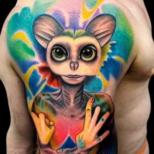 Prompt: shoulder tattoo of a multicolored hallucinating cute bush baby, eyes are rainbow spirals, meditative, surrounded with colorful magic mushrooms and rainbowcolored marihuana leaves, insanely integrate