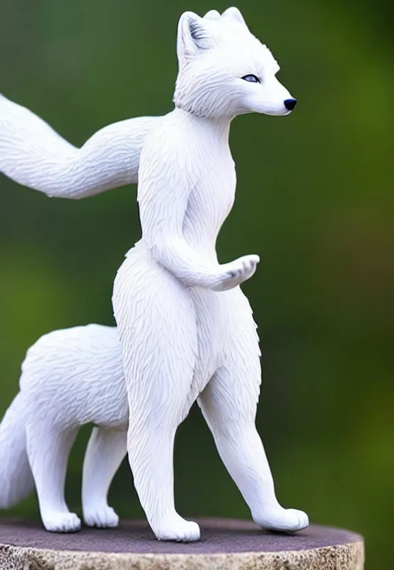 Image similar to still figurine of anthro furry arctic fox wearing an elegant summer blouse and leggings, personification, detailed product photo, dynamic pose, featured on amiami, 8 k, 8 5 mm, f. 1 4, beautiful composition