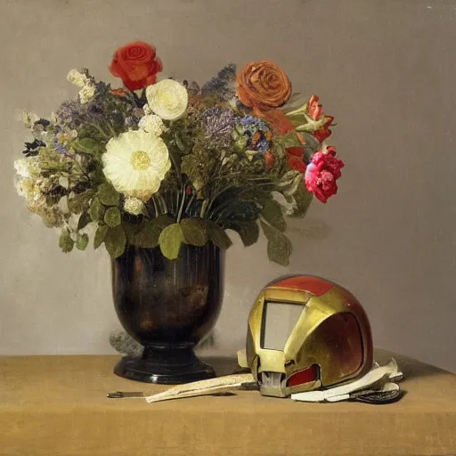 Prompt: A still life of Iron Man's helmet and a vase full of flowers, by Sientje Mesdag Van Houten